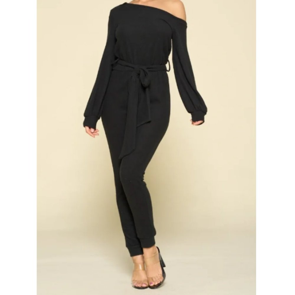 NWT Black Long Sleeves Off The Shoulder Belted Off We Go Jumpsuit